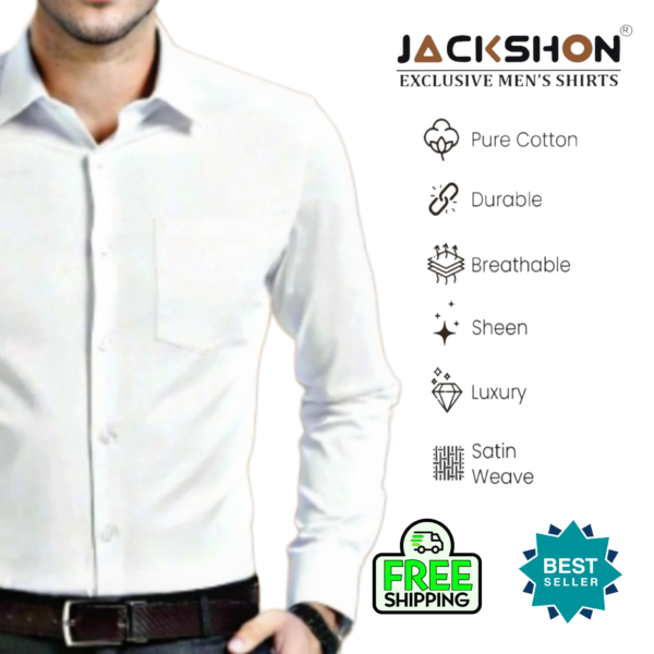 "Jackshon men's slim fit white formal shirt with full sleeves and front pocket"